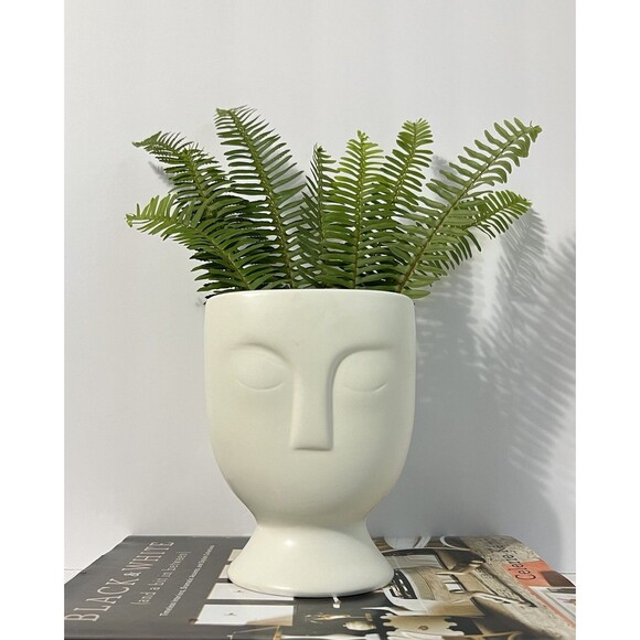 Ceramic Face Head Pedestal Planter Vase Etched 3D White Utensil Crock Organizer - Picture 9 of 17